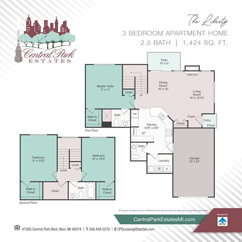 Floor plan for 3 beds, 2.5 baths, 1424 sqft